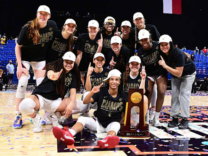 Stanford women's basketball players celebrate their NCAA championship